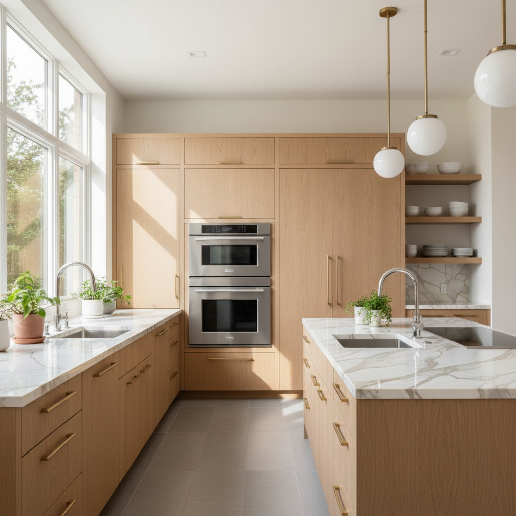 Bright upscale San Jose kitchen with integrated refrigerator and wall oven